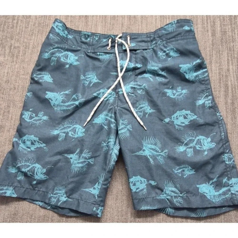 St Johns Bay men's‎ blue skeleton fish print swim trunks Medium mesh lining